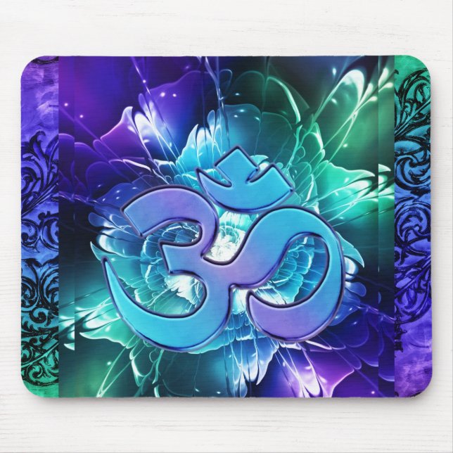 Mousepad Flor de Lotus do Fractal com o OM nos azuis e no (Frente)