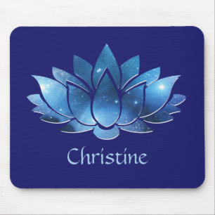 Mousepad Flor de Lotus Galáxico Azul Cósmico com Nome