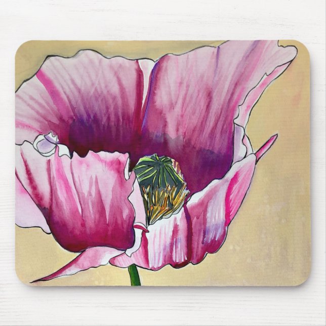 Mousepad Flor de papoila rosa com aquarelas (Frente)