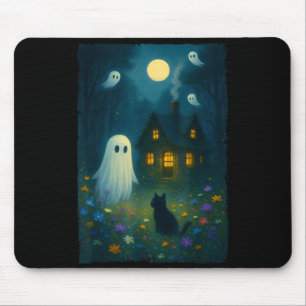 Mousepad Flor Fantasma Preto Gato Halloween Fantasma Vintag