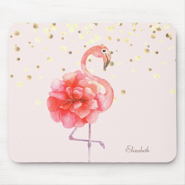 Mousepad Flor Flamingo Rosa, Confetti Dourado (Frente)