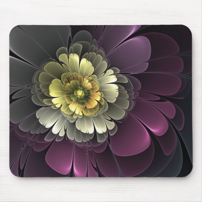 Mousepad Flor Fractal Cinza Khaki Roxo Moderno Abstrato (Frente)