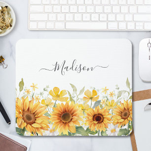Mousepad Flor Girassol Amarelo Monograma Floral Botânico