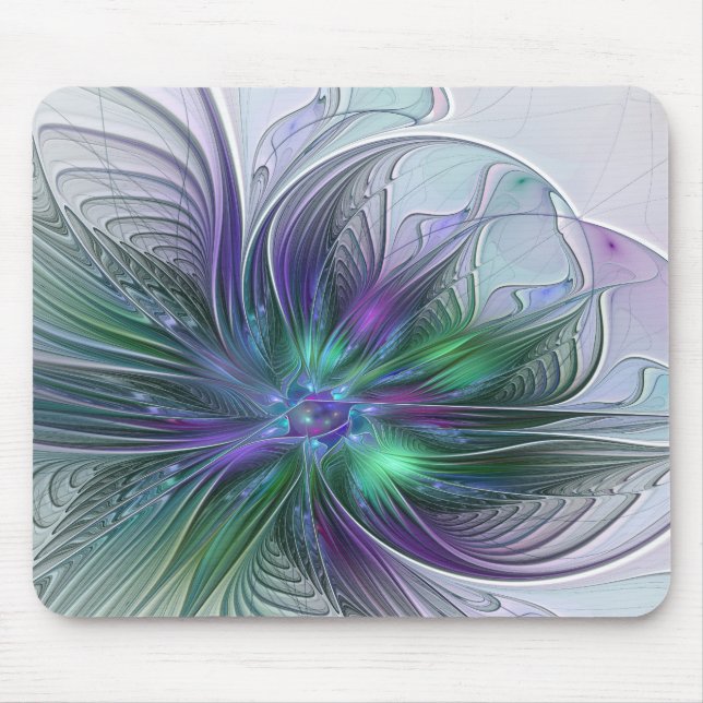 Mousepad Flor Moderna Abstrata Fractal Verde Roxo (Frente)