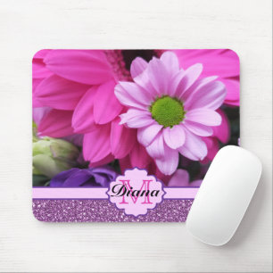 Mousepad Flor Púrpura Floral Rosa-Rosa Flor Monograma Girl