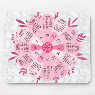 Mousepad Flor Rosa Bonito Arredondada com Calendário 2024