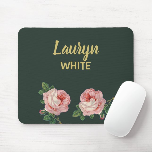 Mousepad Flor rosa e folhas em verde escuro (Com mouse)