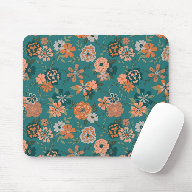 Mousepad Flor Verde Laranja Padrão Botânico Girly (Com mouse)