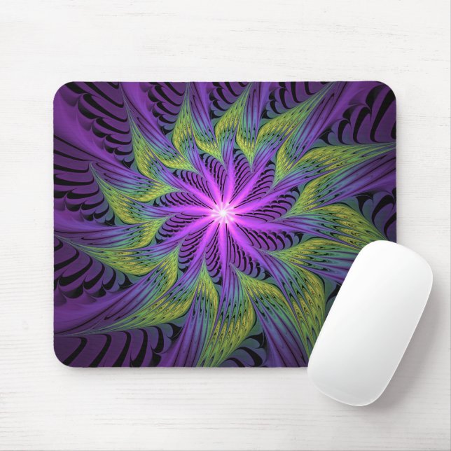 Mousepad Flor Verde Roxo, Abstrato, Arte Fractal (Com mouse)