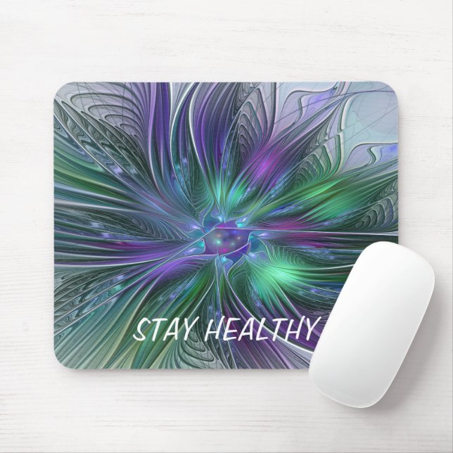 Mousepad Flor Verde Roxo Moderna Abstrato de Arte Fractal (Com mouse)