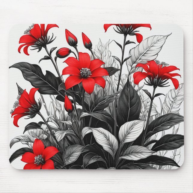 Mousepad Flor Vermelha Na Planta Branca Preta (Frente)