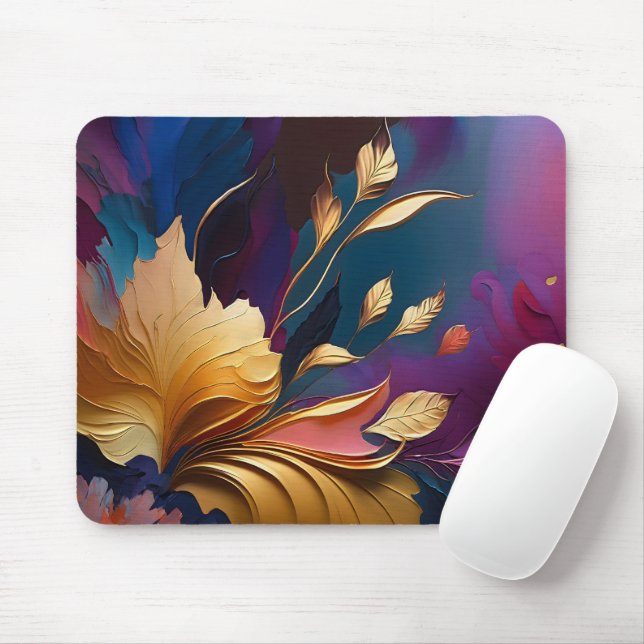 Mousepad Floração Dourada – Composição Floral Abstrata (Com mouse)