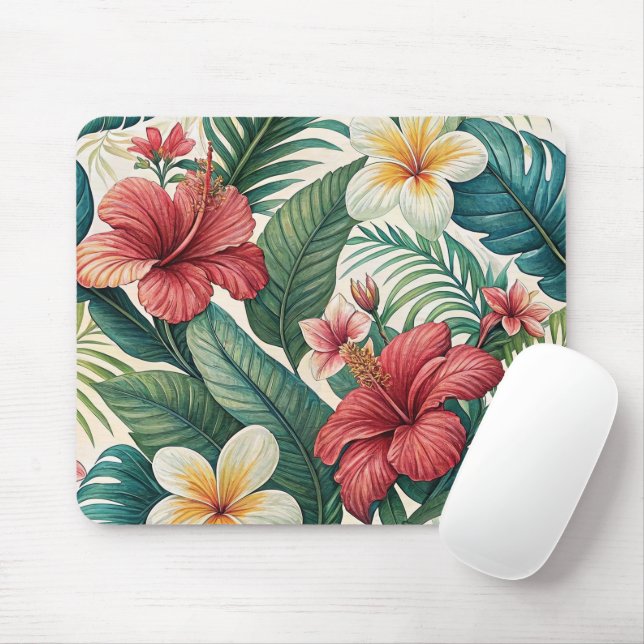 MOUSEPAD FLORAIS DE HIBISCO TROPICAL VERMELHO E AMARELO (Com mouse)