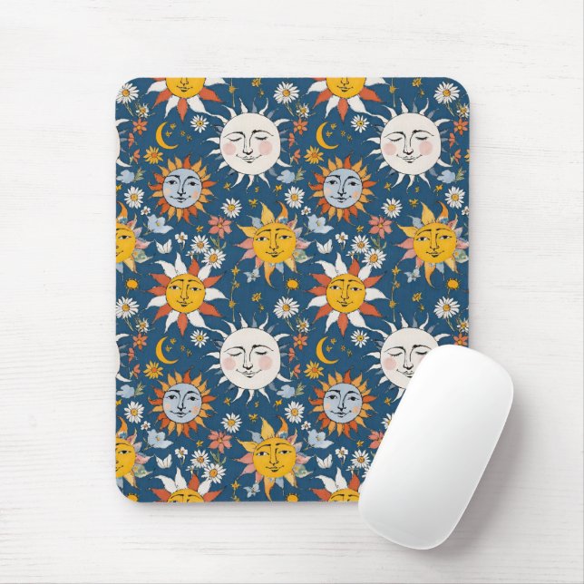 Mousepad Florais do Sol e da Lua em Azuis e Amarelos (Com mouse)