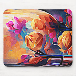 Mousepad Floral Abstrato Art Laranja Vermelho Azul Flores