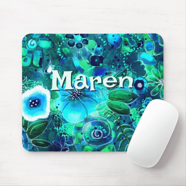 Mousepad Floral Abstrato Azul Turquesa Verde Personalizado (Com mouse)