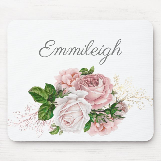 Mousepad Floral Aquarela Rosa Bege Script Branco (Frente)