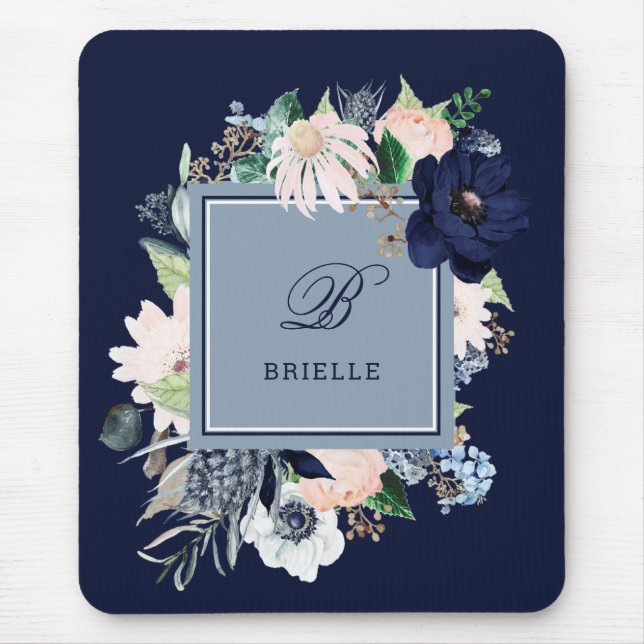 Mousepad Floral Azul e Blush do marinho | Nome e Monograma (Frente)