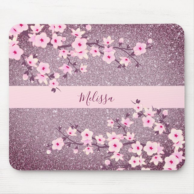 Mousepad Floral Cherry Blossom Mauve Bling Monograma (Frente)