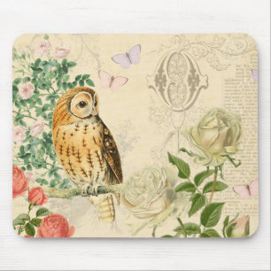 Mousepad floral da coruja do vintage com rosas