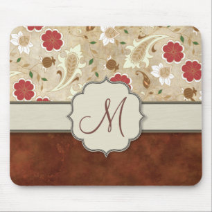 Mousepad Floral Dourado, Vermelho e Branco no Monograma de