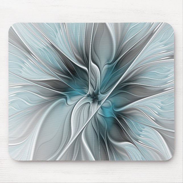 Mousepad Floral Fractal Moderno Abstrato Flor Azul Cinza (Frente)