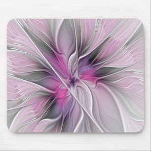 Mousepad Floral Fractal Moderno Abstrato Flor Rosa Cinza