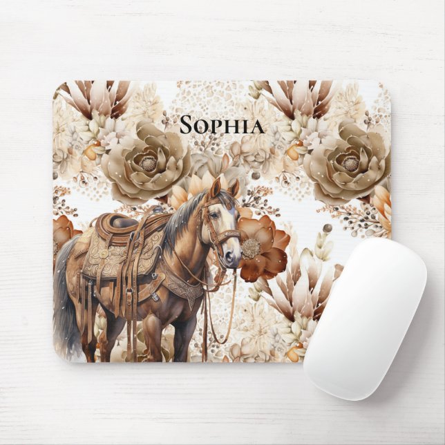 Mousepad Floral Marrom Creme Cavalo Western (Com mouse)
