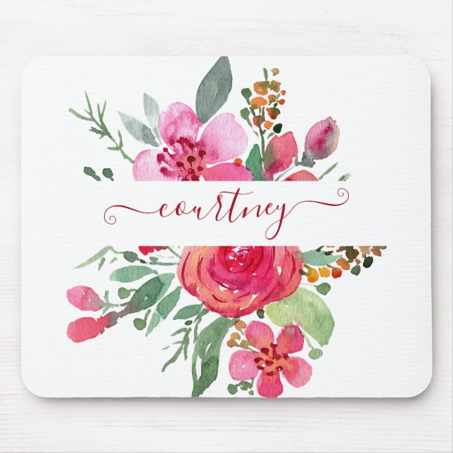 Mousepad Floral personalizado com aquarela rosa   (Frente)