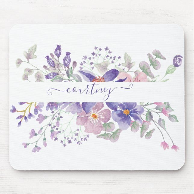 Mousepad Floral personalizado com aquarela rosa e roxa   (Frente)