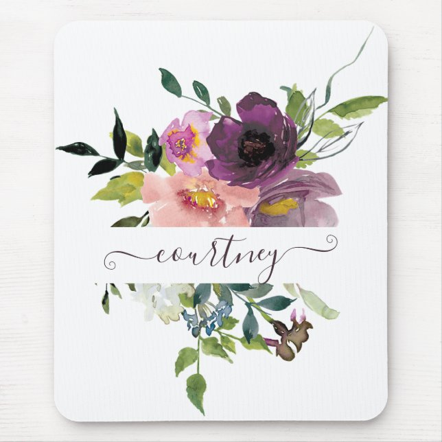 Mousepad Floral personalizado com aquarela rosa e roxa  (Frente)