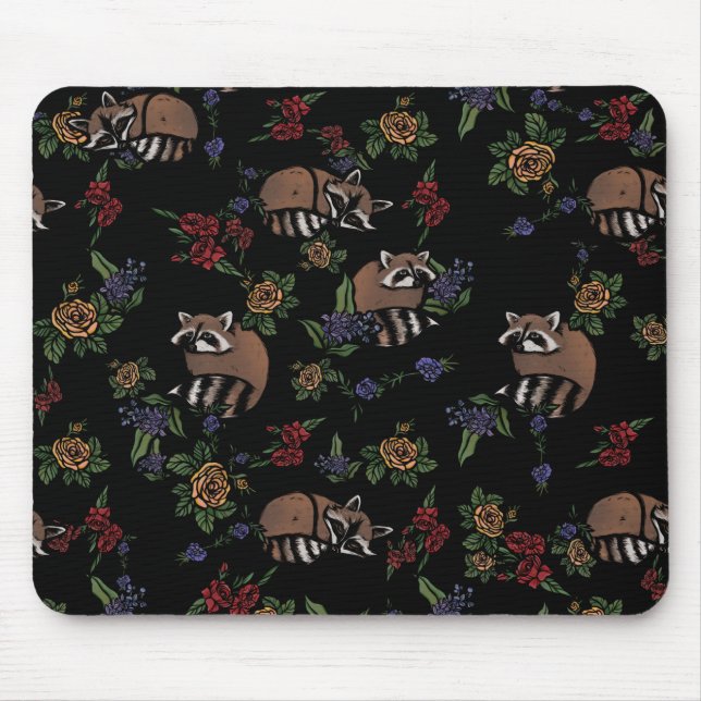 Mousepad Floral Raccoons Cute Sleeping Raccoon Padrão (Frente)