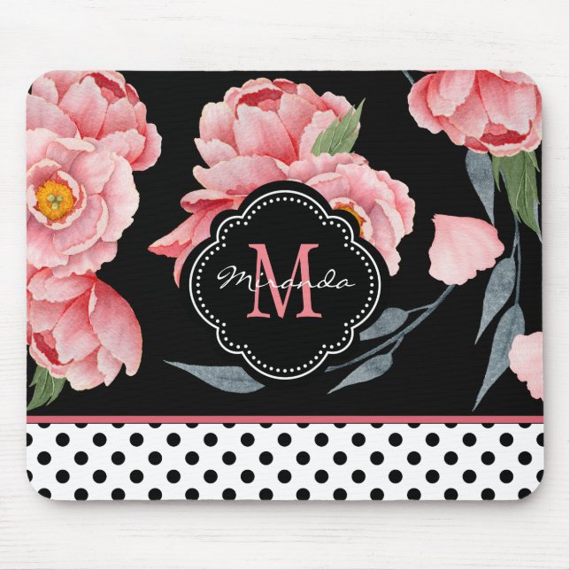 Mousepad Floral rosa com Bolinhas e monograma (Frente)