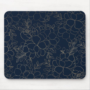 Mousepad Floral tirado do ouro dos azuis marinhos mão à