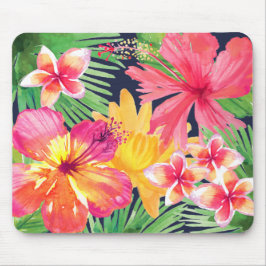 Mousepad Floral Tropical Rosa Hibisco Plumeria Azul Marinho