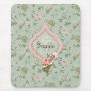 Mousepad Floral verde e cor-de-rosa chique feminino