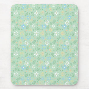 Mousepad Floral Verde Suave com Flores Amarelas Azuis Branc