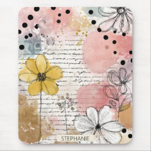 Mousepad Floral Vintage em Aquarela com Letra e Pontos Artí