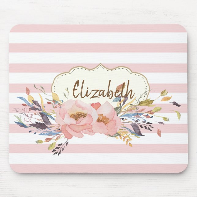 Mousepad Flores Adoráveis aquarela,Listras - Personalizado (Frente)
