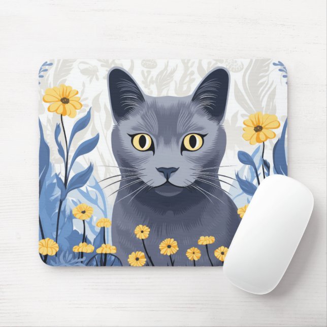 Mousepad Flores Amarelas do Gato Azul Russo (Com mouse)