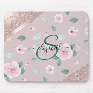 Mousepad Flores Aquarela Monograma Dourado Rosa