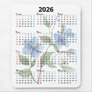 Mousepad Flores Azuis Calendário 2026 em Branco