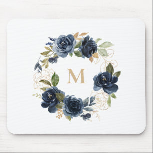 Mousepad Flores Azuis e Folhas de Ouro Folhas de Ferro Mono