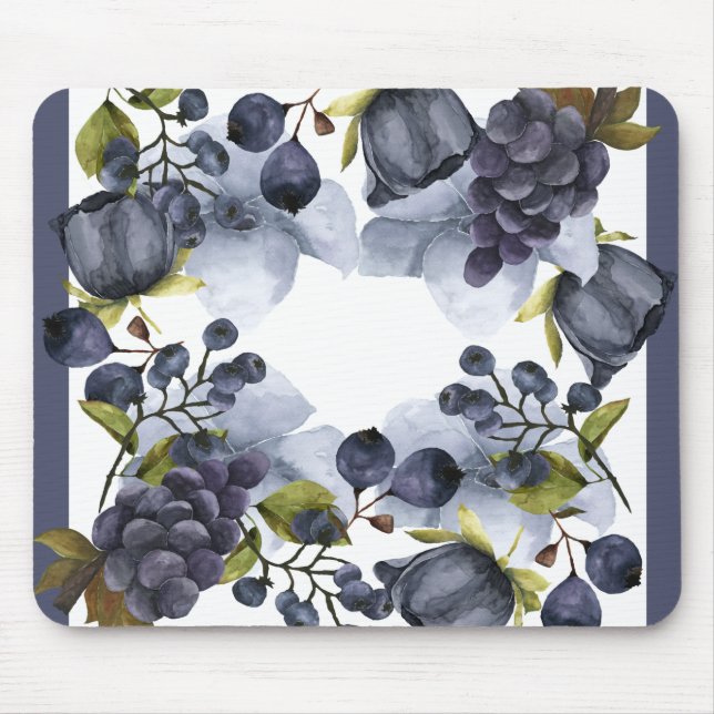 Mousepad Flores azuis e frutas no quadro (Frente)