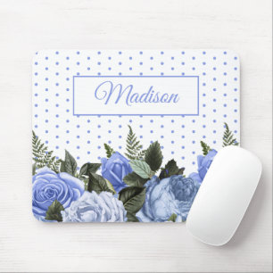 Mousepad Flores Azuis Folhas Verdes Monograma Pontos Branco