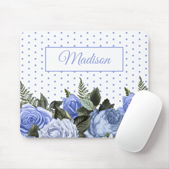 Mousepad Flores Azuis Folhas Verdes Monograma Pontos Branco (Com mouse)