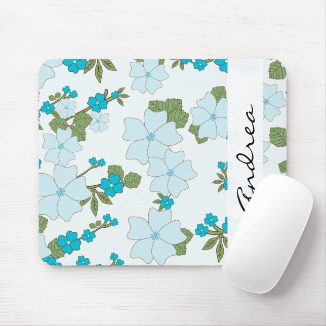 Mousepad Flores Azuis, Padrão De Flores, Seu Nome (Com mouse)