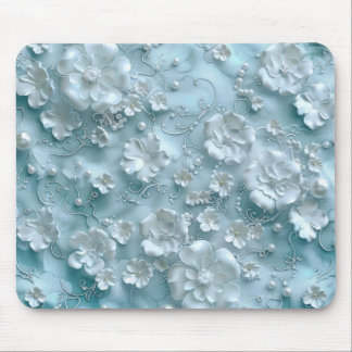 Mousepad Flores Brancas 3D sobre fundo azul claro