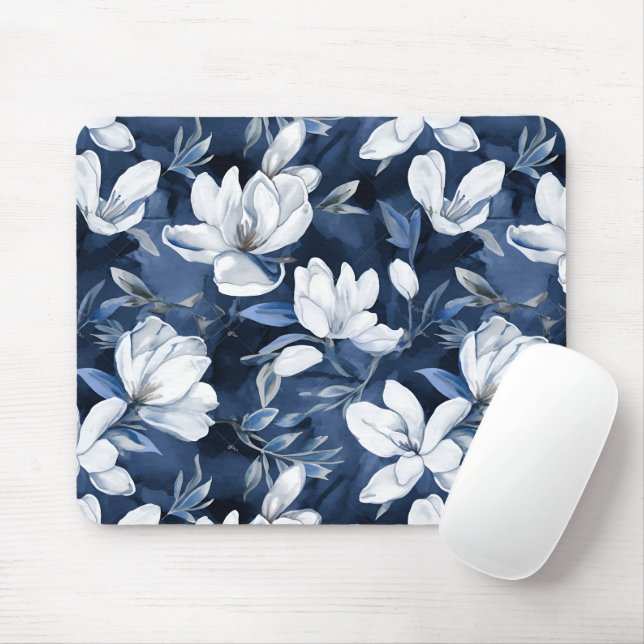 Mousepad Flores Brancas da Magnolia, Fundo Azul (Com mouse)