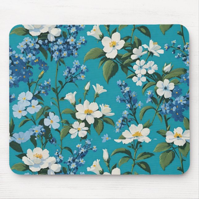 Mousepad Flores Brancas e Azuis com Fundo Azul Turquesa Flo (Frente)